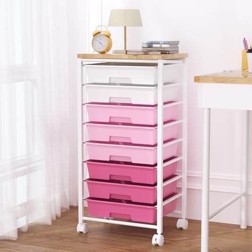 Rolling Cart with 8 Drawers, Storage Drawers Cart with Wooden Tabletop and Lockable Wheels, Craft Storage for Living Room, Office, Classroom, Craft Room, Bedroom by Unknown