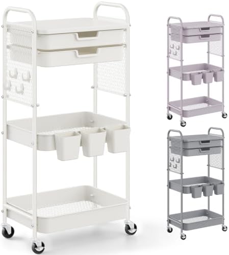 3 Tier Rolling Cart with 2 Drawers, Metal Utility Storage Carts with Wheels by AisslroDirect