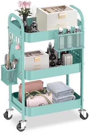 ALVOROG 3 Tier Metal Rolling Utility Cart with Pegboards,Baskets,Hooks,Blue by ALVOROG