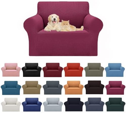 Cupuamon 2026 New Stretch Chair Sofa Slipcovers Couch Cover for 1 Seater Furniture Protector Sofa Covers with Elastic Bottom Jacquard Fabric Small Checks for Pets, Kids - Wine by Cupuamon