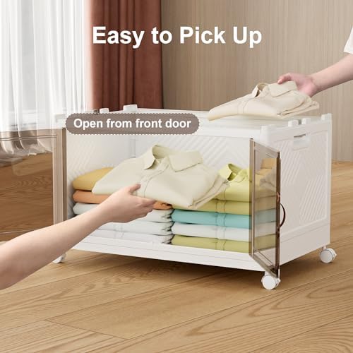 JOYMOOP Folding Storage Bins Organizer, 84 Quart Collapsible Storage Box with Wheels and Door, Stackble Plastic Storage Container for Clothing, Books and Sundries (XXL, 21 Gal, 1 Tier) - Image 6