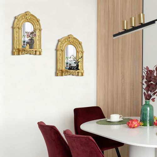 2 Set Vintage Candle Wall Sconce for Home Decor Living Room Bedroom Office Wood Antique Mirrored Victorian Mounted Candlestick Wall Holder Relief Hanging Decor -Gold 11.8in - Image 3