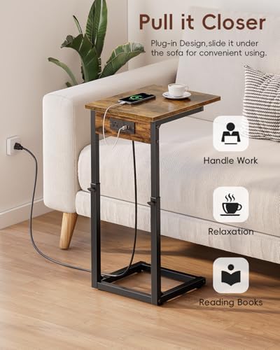 Vagusicc C Shaped End Table with Charging Station, 33"Tall Side Table for Couch, C-Table End Table Adjustable Height Side Table,Slide Under Couch Table TV Tray Table for Sofa,Living Room,Bedroom,Brown - Image 5