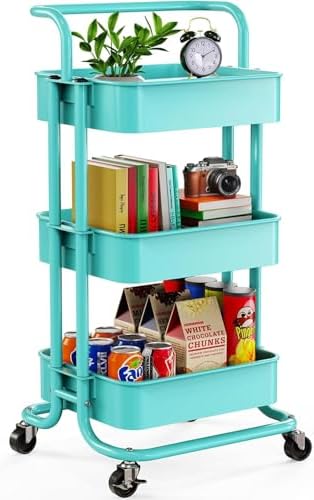 Pipishell Metal 3 Tier Rolling Cart with Handle & Wheels, Turquoise by Pipishell