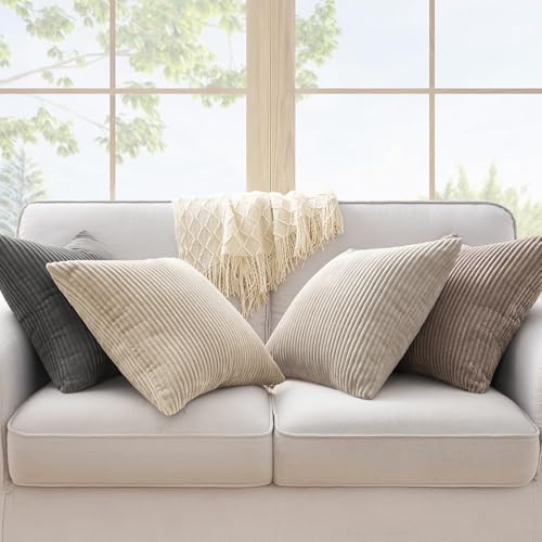 Topfinel 4 Packs Natural Decorative Throw Pillows Covers 16x16 Inch for Living Room Couch Bed Sofa, Rustic Farmhouse Boho Neutral Home Decor, Soft Plush Striped Corduroy Square Cushion Case 40x40 cm - Image 4