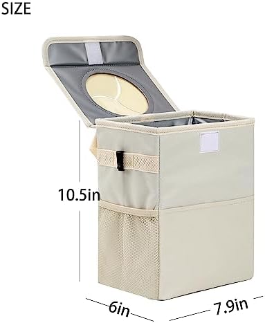AOKJOY Car Garbage can with lid Leak Proof Vehicle Trash Can 3 Storage Pockets Hanging Waterproof car Trash Bag for SUV Beige - Image 2