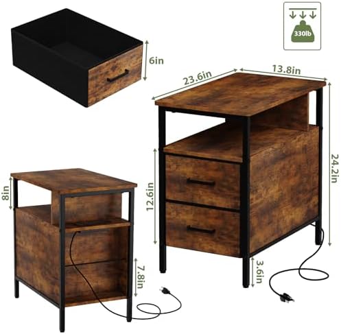 End Table with Charging Station and 2 Fabric Drawers, Vintage Brown - Image 2