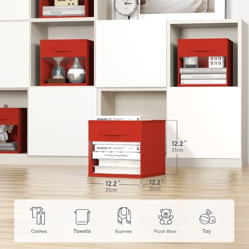 DIMJ Cube Bins, 12.2-Inch Storage Bins Cubes with Window, 6 Packs Collapsible Storage Bins with Handles, Closet Storage Baskets for Organizing Living Room, Office, 6 Pack,Red - Image 2