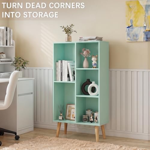 YAHARBO Small Green Bookshelf,3 Tier Modern Kids Bookcase with Legs,5 Cube Wooden Bookshelves Storage Shelf,Book Shelves Organizer,Display Bookcases Cabinet for Room Nursery Study - Image 4