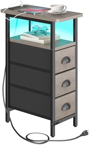 sthmec End Table with Charging Station,LED Side Tables with USB Ports and Outlets,Skinny Bedside Tables with 3 Drawers,Small Tabls Nightstands for Small Space,Slim Sofa Table for Livingroom, Grey by Unknown