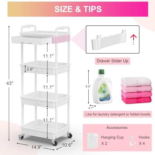 Goovilla 4 Tier Rolling Utility Cart Organizer with Removable Drawer, White - Image 4