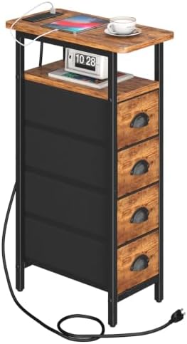 sthmec Side Table with Charging Station, Narrow End Table with 4 Drawers, Small Nightstands with Fabric Drawers,Slim Sofa Couch Side Tables for Small Spaces,Living Room,Bedroom,Rustics Brown by Unknown