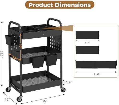danpinera Craft Cart, Black Rolling Cart with Retractable Dividers & DIY Pegboards for Kitchen, Bedroom, Laundry - Image 2