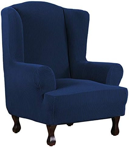 H.VERSAILTEX Wing Chair Slipcover Chair Covers for Wingback Chairs Wingback Chair Covers Slipcovers 1 Piece Stretch Sofa Cover Furniture Protector Soft Spandex Jacquard Checked Pattern, Navy by HVERSAILTEX
