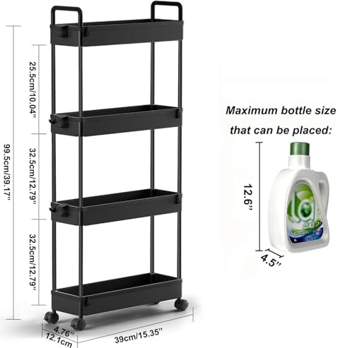 SOLEJAZZ Slim Rolling Storage Cart Skinny Bathroom Organizer, 4 Tier, Black - Image 2