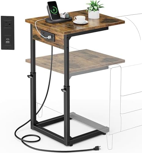 Vagusicc C Shaped End Table with Charging Station, 33"Tall Side Table for Couch, C-Table End Table Adjustable Height Side Table,Slide Under Couch Table TV Tray Table for Sofa,Living Room,Bedroom,Brown by Vagusicc