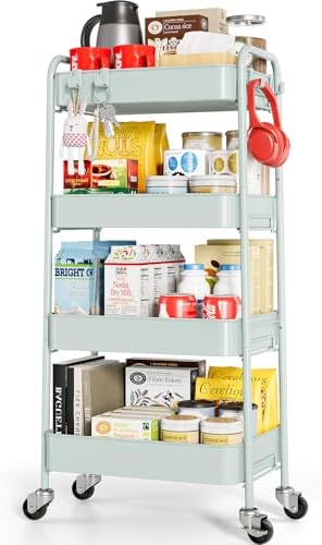 TOOLF 4 Tier Metal Rolling Cart, Utility Storage Cart with Wheels, Green | Screwless Assembly, Lockable Metal Wheels, Trolley Organizer for Bathroom, Kitchen, Office, Dorm, Laundry, Craft Room by TOOLF
