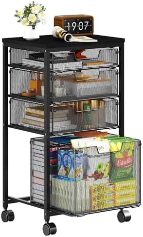 Sbanmao 4 Drawers Rolling Storage Cart, 1 Large Drawer (11.22"D x 12.2"W x 9.84"H) & 3 Small Drawers, Rolling Storage Cart with Lockable Wheels, Craft Storage Cart for Bedroom, Office, Black by shengbaomaoyi