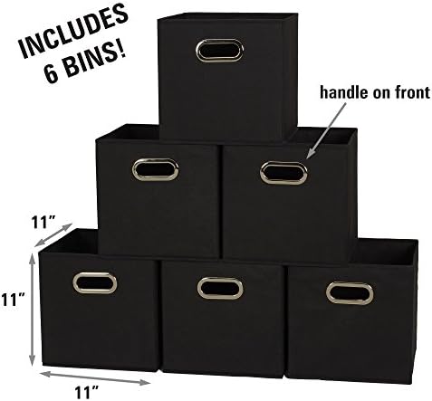 Household Essentials Foldable Fabric Storage Bins 6 Piece Set, Strong Poly-Woven Fabric, Sturdy Chipboard Sides, Grommet Front Handle, Stackable, Classic Design, Black - Image 2