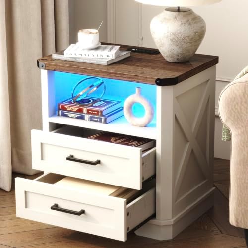 Yusong 23.62" Tall Night Stand, LED Nightstand with Charging Station, Modern Night Stand, Wood Sofa Couch End Side Table with 2 Pull-Out Shelf, White by Yusong