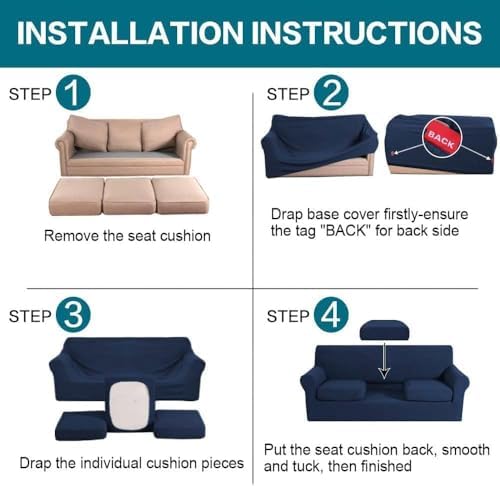 Turquoize 4 Piece Sofa Covers for 3 Cushion Couch Sofa Slipcover Soft Couch Cover for Dogs Washable Furniture Cover with 3 Individual Large Cushion Covers Feature Fabric (Large Sofa, Navy) - Image 6