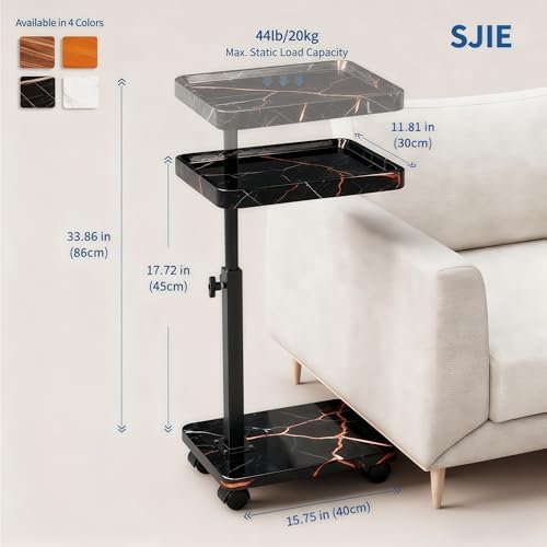 C Table End Table Adjustable Height, 360°Swivel TV Tray Table for Small Spaces, Side Tables with Wheels for Living Room and Bedroom, Bed (Black-15.7 x 11.8 inches) (Pack of 2) - Image 3