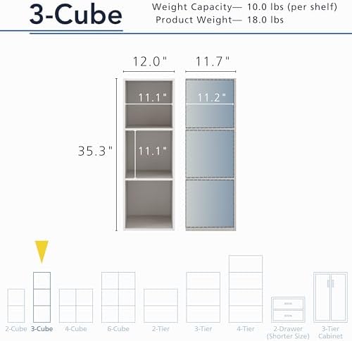 Homes: Inside + Out Apexa 3-Cube Storage Organizer Shelves, Stackable Wood Bookcase Fits Cubby Bins for Organization, Dorm Teen Room Decor & Home Office, Taupe Grey - Image 3