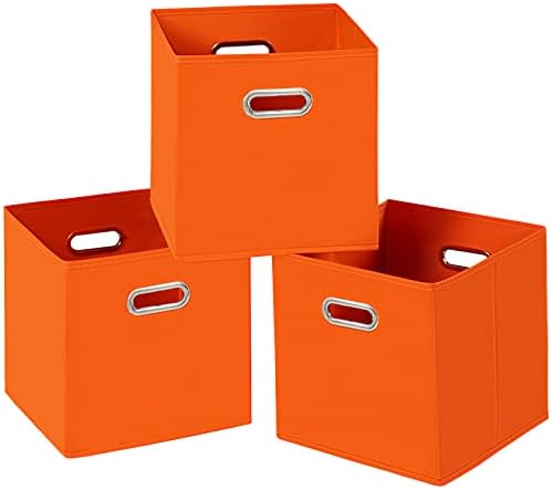 Fabric Cloth Storage Bins,Fabric Cube Bins Organizer with Dual Handles Foldable Cube Storage Baskets for Home Bedroom Storage,Set of 3,(Orange) by SEVENDOME