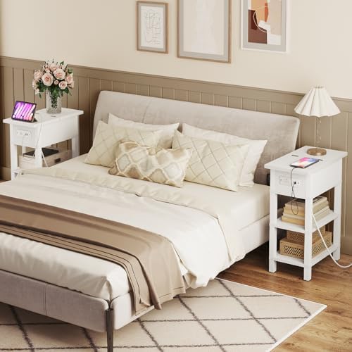 HOOBRO End Table with Charging Station, Flip Top Side Table with USB Ports, Narrow Nightstand Bedside Tables with Storage Shelves, for Small Space, Living Room, White WT141UBZ01 - Image 5