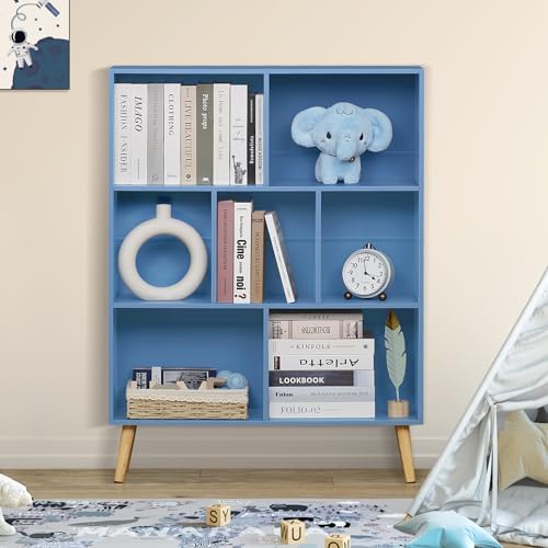 YAHARBO 7 Cube Bookshelf, Blue Kids Book Shelf with Cubby Storage,Wooden Modern Bookcase with Legs,3 Tier Freestanding Display Book Case,Children Toy Organizer,Bookshelves for Office,Nursery,Playroom - Image 2