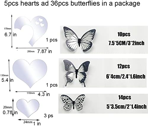 3D Crystal Butterfly and Acrylic Mirror Hearts Wall Stickers with Adhesive Art Decal Satin Paper Baby Kids Bedroom Home DIY Decor Removable Stickers (36 Butterfly and Black Heart) - Image 5
