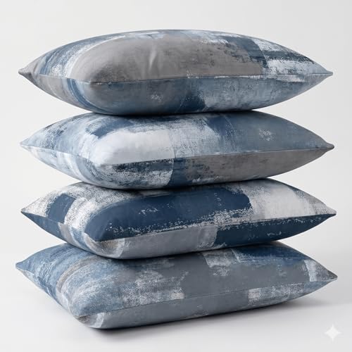 Modern Abstract Throw Pillow Covers 12x20, Blue & Grey Set of 4 - Image 2