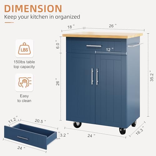 Shintenchi Kitchen Island cart with Storage, Portable Bar Cabinet on Wheels, Rolling Microwave Cart Side Table with Workstation for Kitchen, Dinning Room, Blue - Image 3