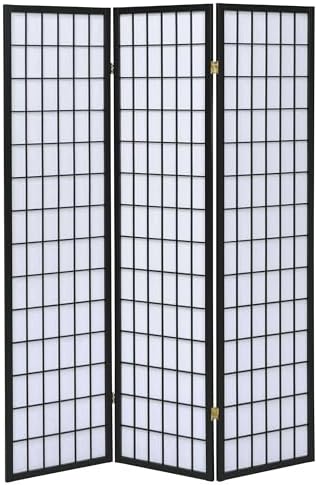 Coaster Home Furnishings - Carrie - Solid Wood - 3-Panel Folding Shoji Screen Room Divider with Black Frame, Linear Grid Design and Metal Hinges - Living Room - Black and White - 4622 - Image 4