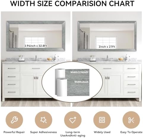 DESOMINOR 32FT Peel &Stick Wood Grain Wallpaper Border Removable Waterproof Bathroom Mirror Frame Sticker (Grey, 3.93Inch X 32.8Ft) - Image 2