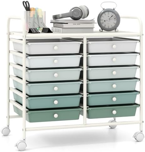 Giantex 12 Drawers Rolling Cart, Mobile Storage Drawer Cart, Classroom Organizer Cart for Office School Supplies Tools Scrapbook Paper Craft Small Printer, Utility Cart on Wheels, Green Gradient by Giantex