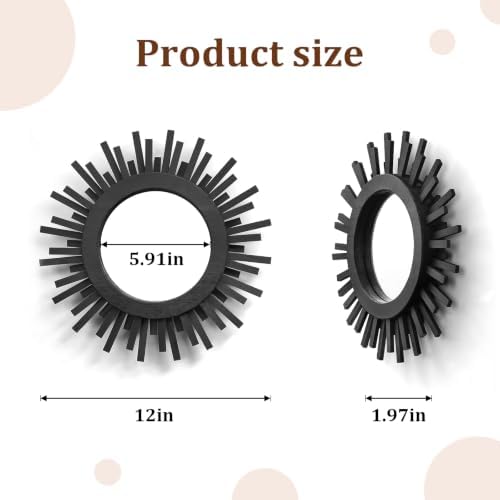 12 Inch Boho Sunburst Mirror, Round Wooden Wall Decor Starburst Sun Mirror for Bedroom, Living Room, Bathroom, Hallway, Balcony, Farmhouse Entryway, Housewarming Gift（Black - Image 3