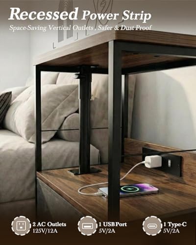 Faesun Swivel Lift Top Nightstand with Charging Station, Rolling Night Stand with Fabric Drawer, Adjustable Bedside Table for Bedroom, Living Room, Walnut Gray, Pro - Image 4