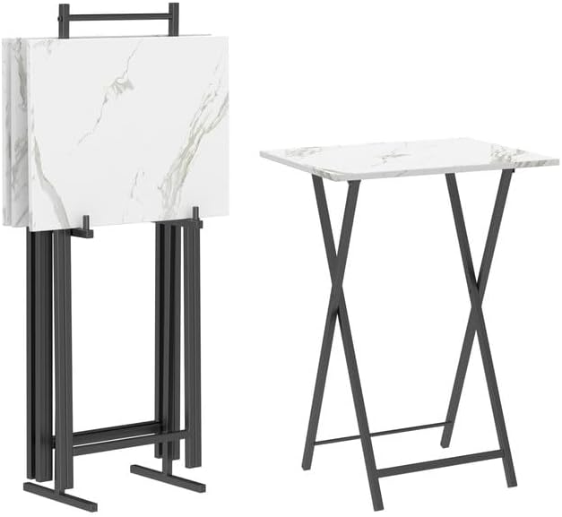 HOOBRO Folding TV Tray Tables, Set of 4 TV Trays with Storage Rack, Industrial Side Table for Eating at Couch, Foldable Snack Table for Small Space, Easy Assembly, White and Black BW50BZ01 by HOOBRO