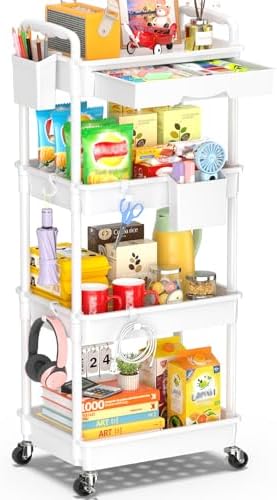 SUNALLY 4 Tier Rolling Cart with Drawer, Craft Storage Cart Organizer,White by SUNALLY