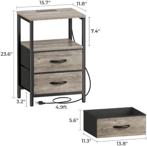 Huuger Nightstand with Charging Station, Side Table with Fabric Drawers - Image 6