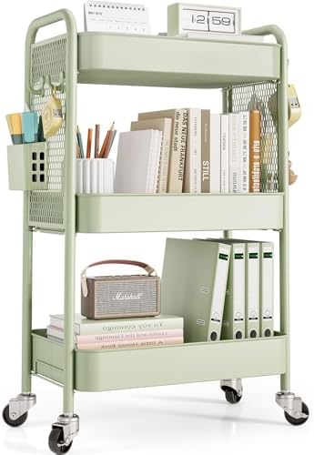 TOOLF 3 Tier Rolling Cart, Metal Utility Storage Cart with Pegboard, Green | 2 Bins & 4 Hooks, Screwless Assembly, Lockable Wheels, Trolley Organizer for Bathroom, Kitchen, Office, Dorm, Craft Room by TOOLF