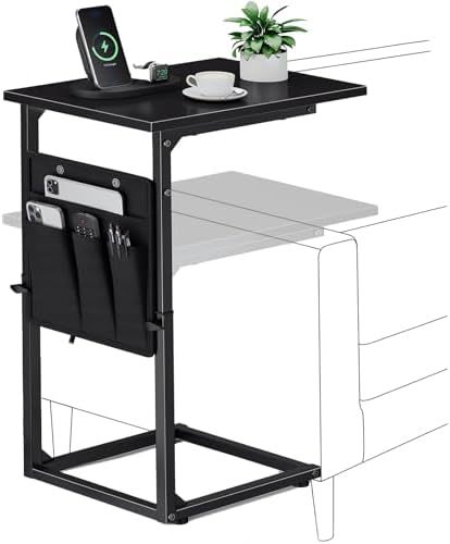Vagusicc C-Shaped End Table, Small Side Table for Couch, Sofa Table Adjustable Height End Tables Living Room, Bedside Slide Under Couch Table for Sofa, TV Tray Table with Metal Frame for Bedroom,Black by Vagusicc