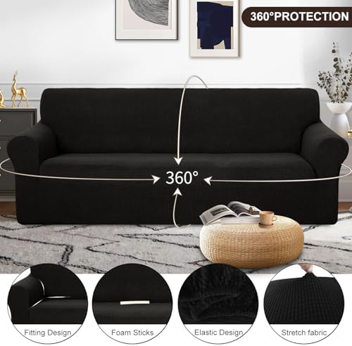 U-NICE HOME 4 Seater Stretch Couch Cover for 3 Cushion Sofa, Black - Image 3