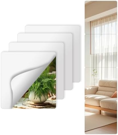 Mirror Tiles, 4 Pack 8 x 8 Inch Acrylic Mirror, Stick on Mirror Squares and Mirror Stickers, Shatter-Resistant Mirrors for Wall, Mirror for Classroom and DIY Mirror Wall Decor by Unknown