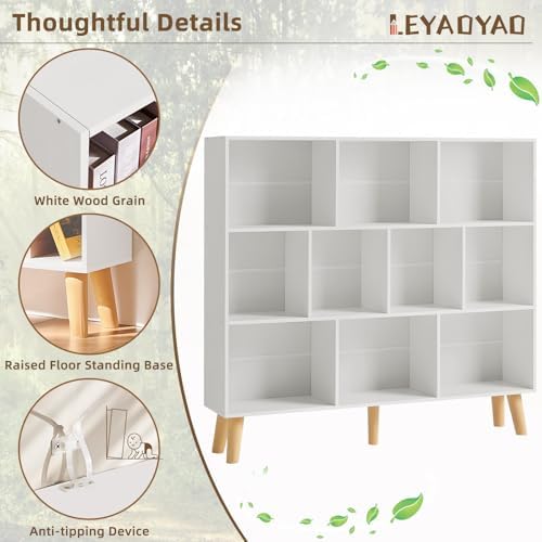 LEYAOYAO 10 Cube Bookshelf, Mid-Century Modern Book Shelf with Legs, White - Image 4