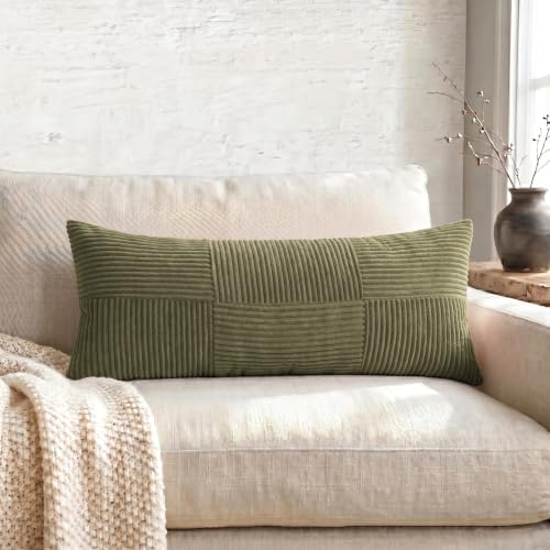 Fancy Homi Set of 2 Olive Green Boho Long Lumbar Body Decorative Throw Pillow Cover 14x36 Inch for Bed Couch Bedroom Bench, Soft Patchwork Corduroy Textured Pillow Case, Rustic Farmhouse Room Décor - Image 5