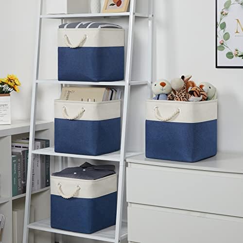 Temary Fabric Storage Cubes 11x11 Cube Storage Bins 4Pack Blue Basket for Organizing Home, Closet, Empty Gift Baskets with Handles (White&Blue) - Image 4