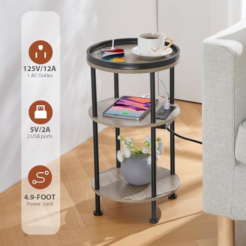 Small Round Side Table with Charging Station for Small Spaces, 3-Tier Accent Table with USB Ports & Power Outlets, Corner Tea Table Sofa Table for Living Room Nightstand Bedroom Apartment(USB,Oak) - Image 4