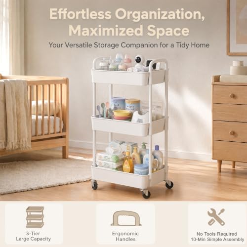 Laiensia 3-Tier Rolling Cart with Wheels,Multifunction Utility Storage Carts, Kitchen Storage Organizer,Mobile Shelving Unit for Bathroom,Laundry,with Classified Stickers,White - Image 3